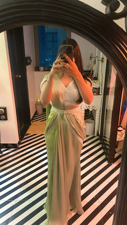 Pearl Powder Green Pre-draped Saree