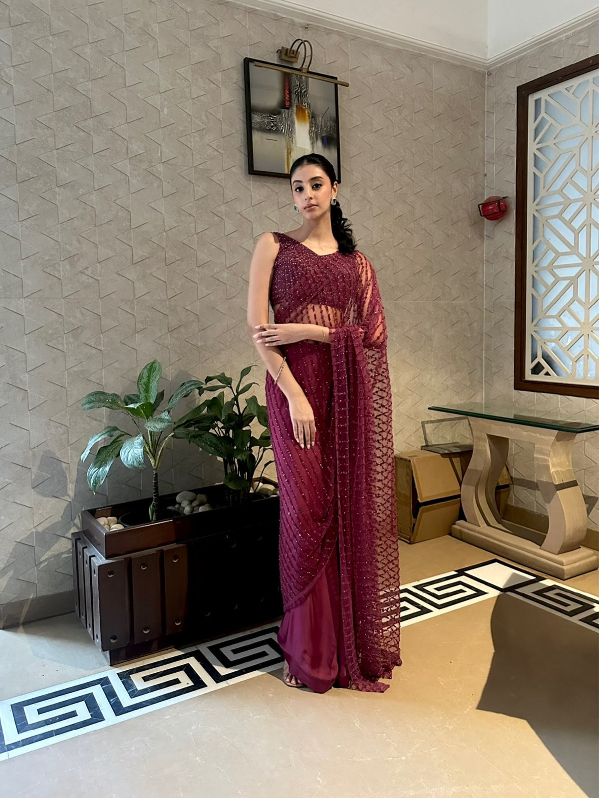 Wine Striped Saree