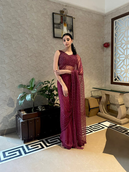 Wine Striped Saree