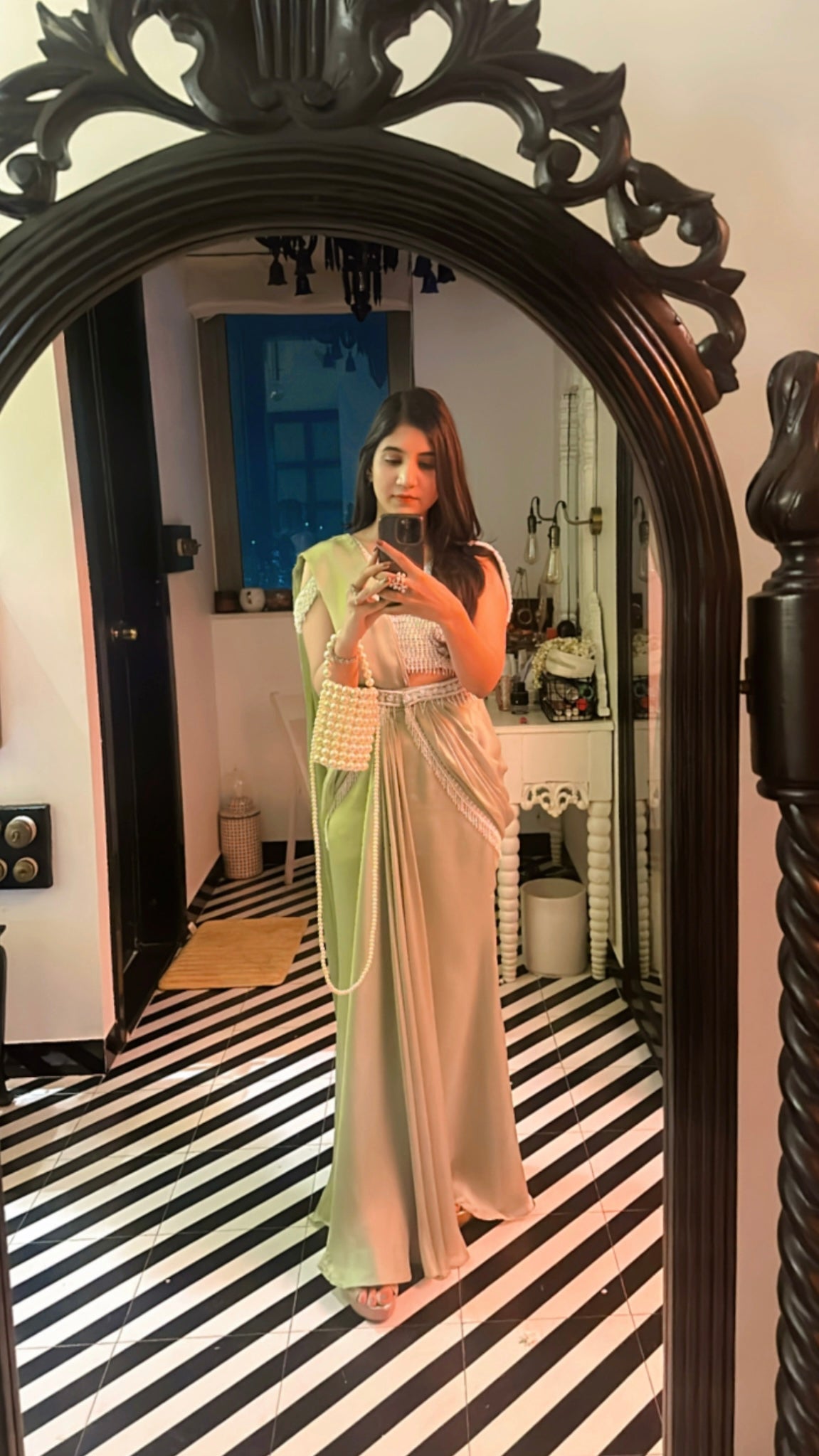 Pearl Powder Green Pre-draped Saree