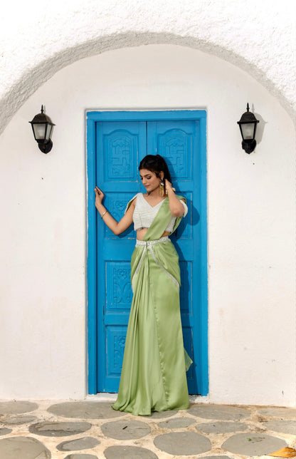 Pearl Powder Green Pre-draped Saree
