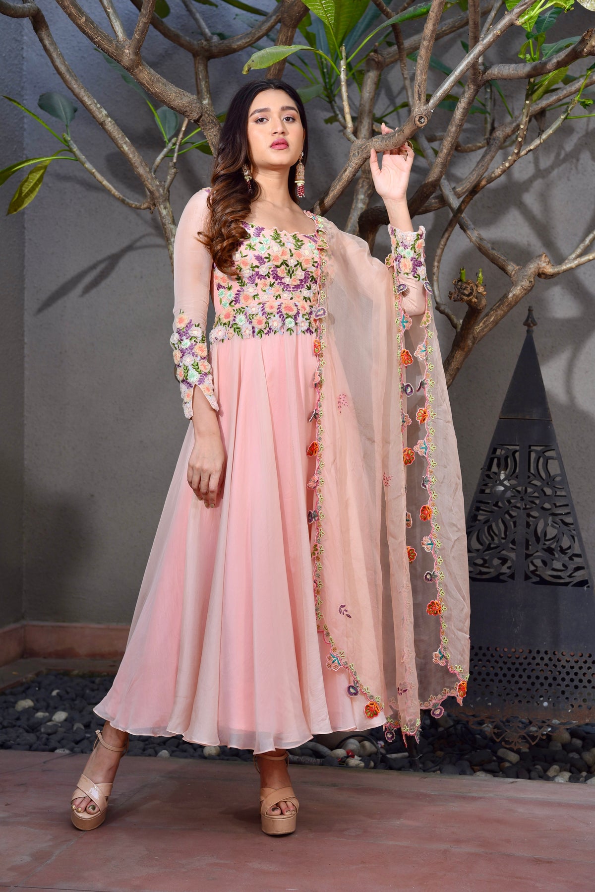 Peachy Pink Garden Floral Dupatta