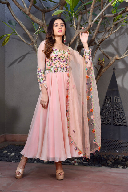 Peachy Pink Garden Floral Dupatta