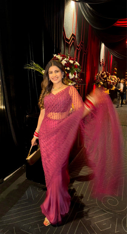 Wine Striped Saree