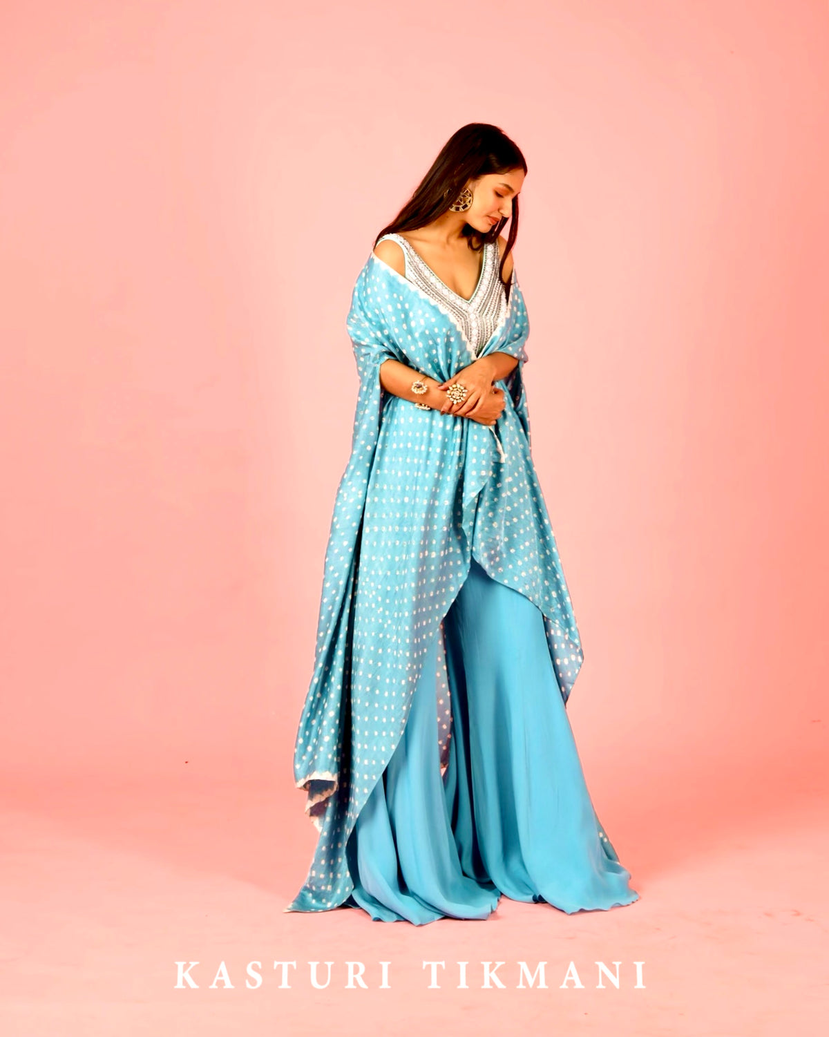 Powder Blue Bandhani Cape Set