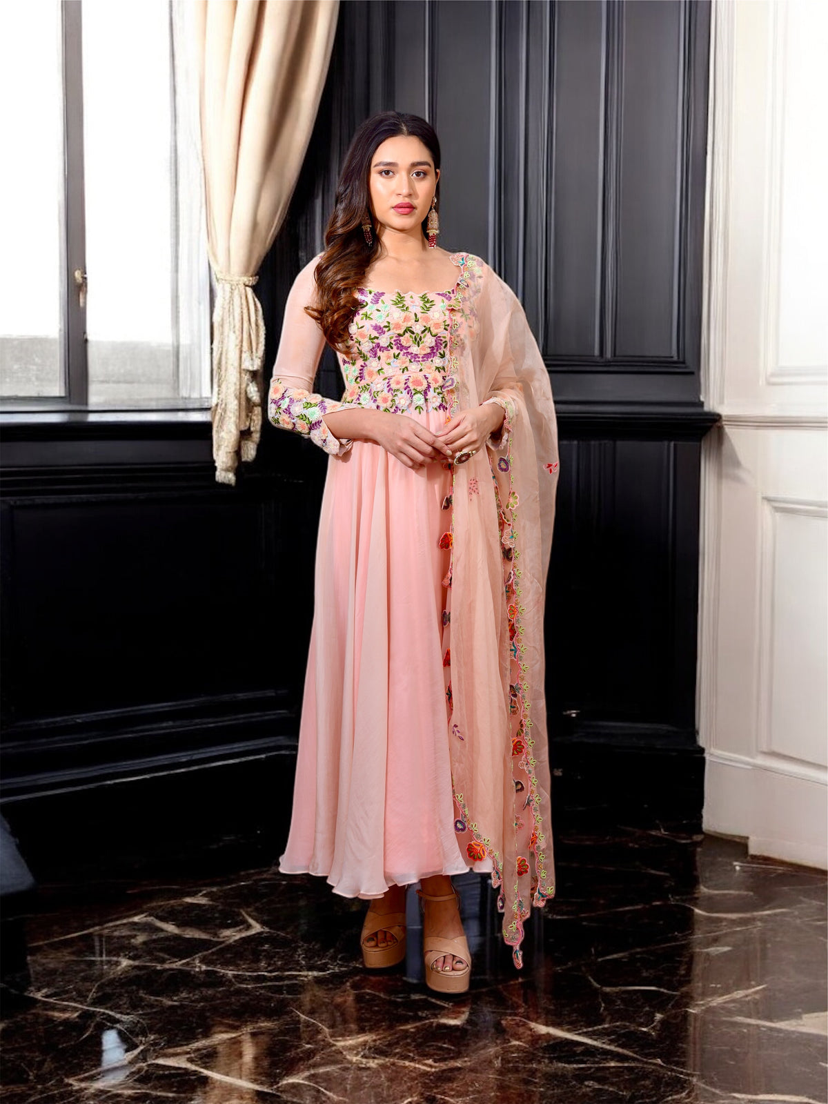 Peachy Pink Garden Floral Dupatta