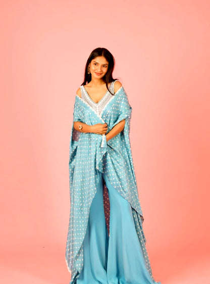 Powder Blue Bandhani Cape Set